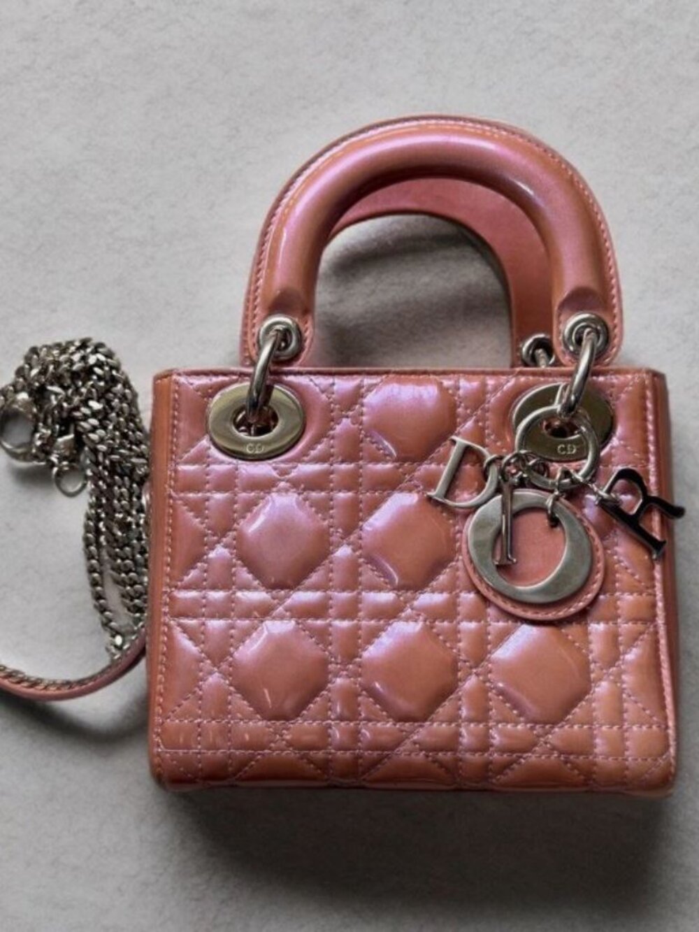 Christian Dior Mini Dusty Rose Pearlescent Patent Leather Lady Dior Handbag